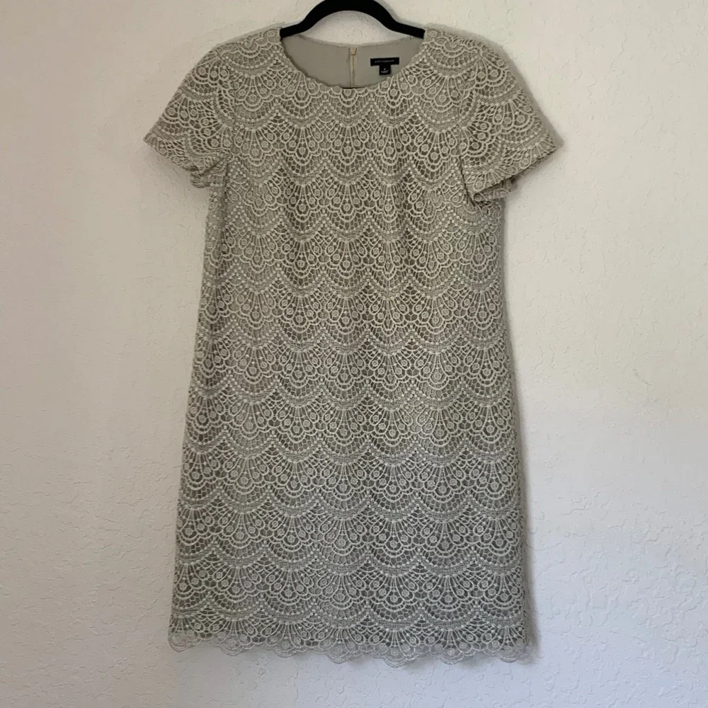 Ann Taylor Dress Champagne Sparkle Lace Shift Scalloped Sz 4 Party Wedding Guest